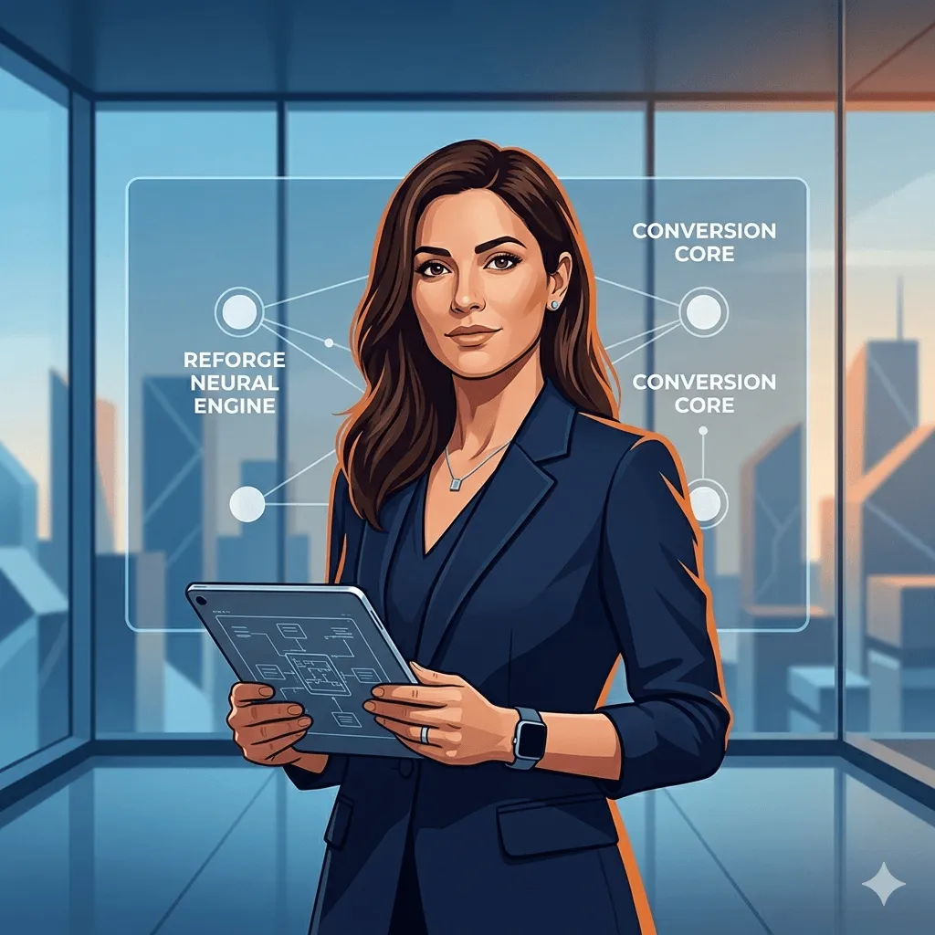 Businesswoman with tablet, managing "Neural Engine" and "Conversion Core" data in office.