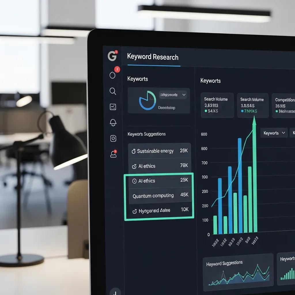 Close-up of an AI-driven keyword research tool interface on a computer screen
