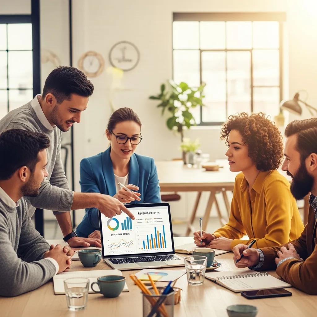 Cozy office scene with professionals discussing revenue operations, emphasizing collaboration and productivity