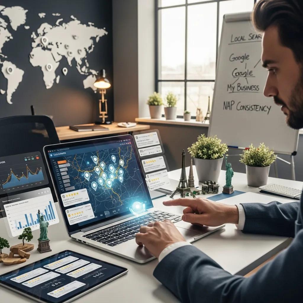 Digital marketing professional analyzing local SEO data with maps and location pins