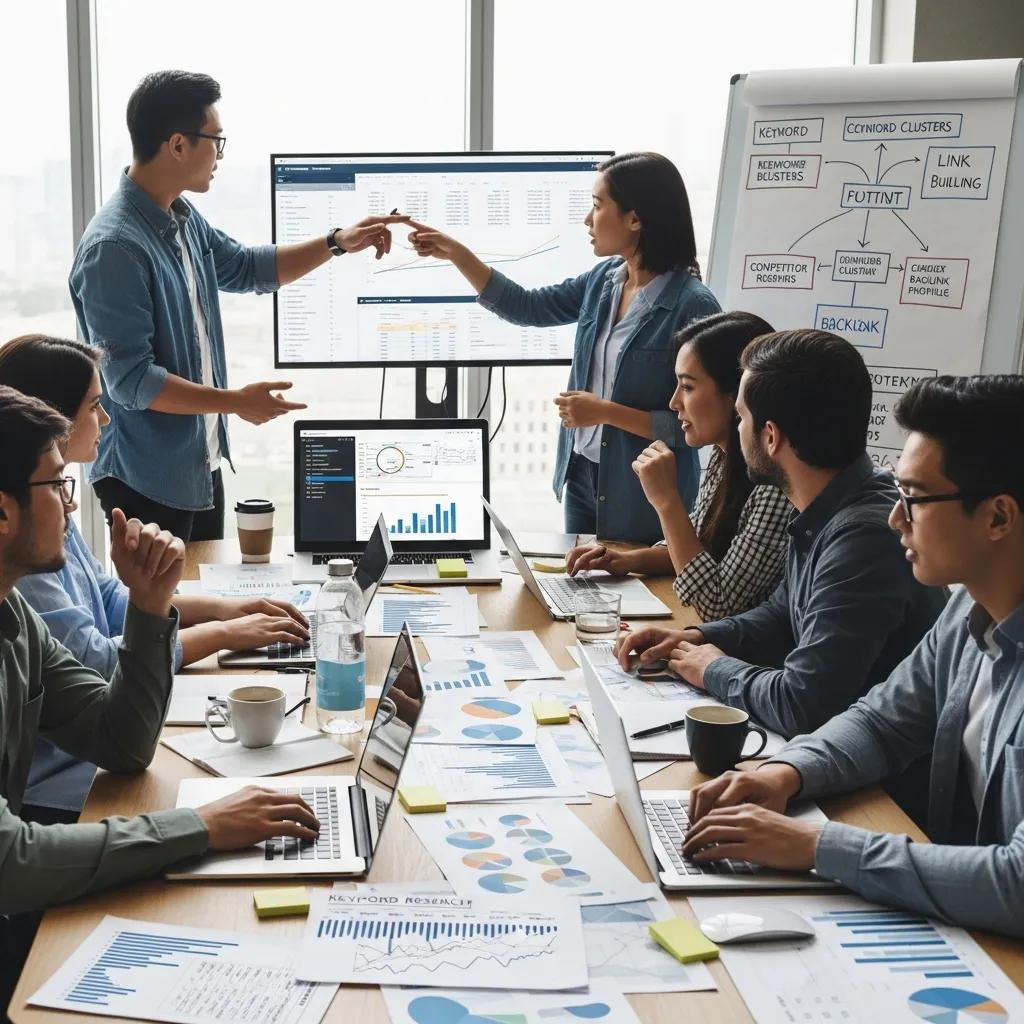 Digital marketing team collaborating on Traditional SEO techniques for national and global reach