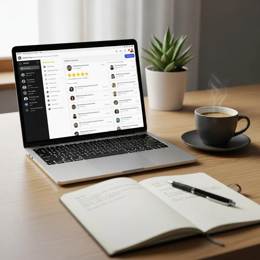 Digital workspace showcasing automated review software with customer feedback on a laptop