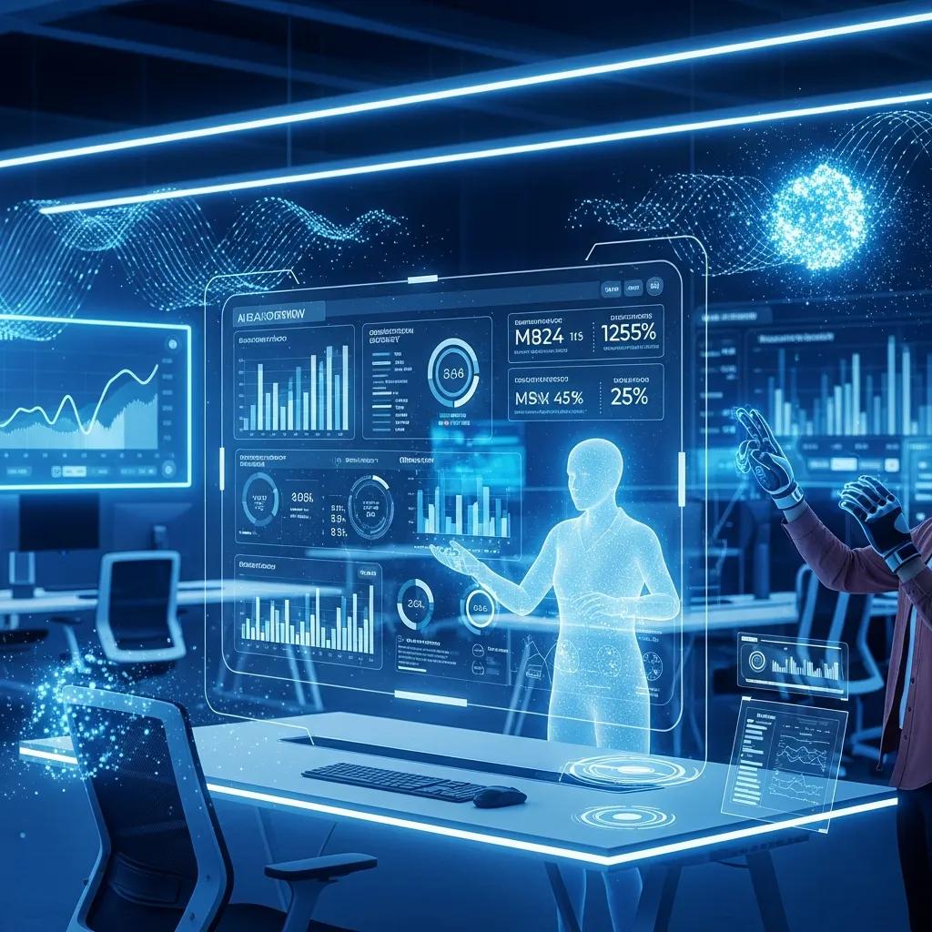 Futuristic workspace with AI technology enhancing revenue operations efficiency
