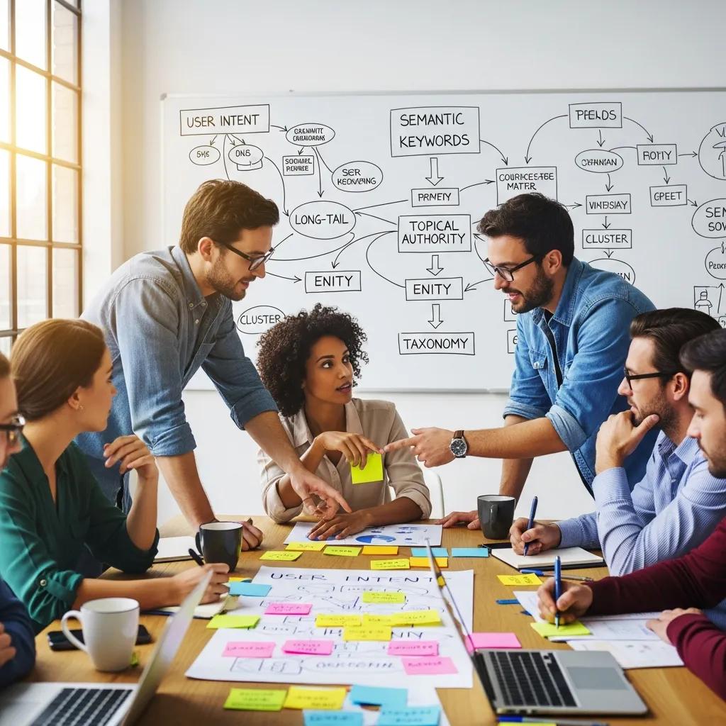 Group brainstorming session on effective strategies for semantic keyword grouping