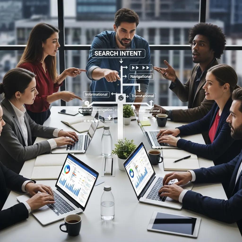 Group of marketers analyzing search intent data around a table with laptops