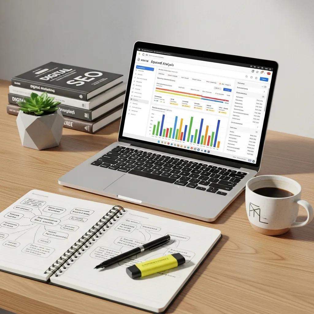 Modern workspace with a laptop displaying keyword analysis tools and SEO materials