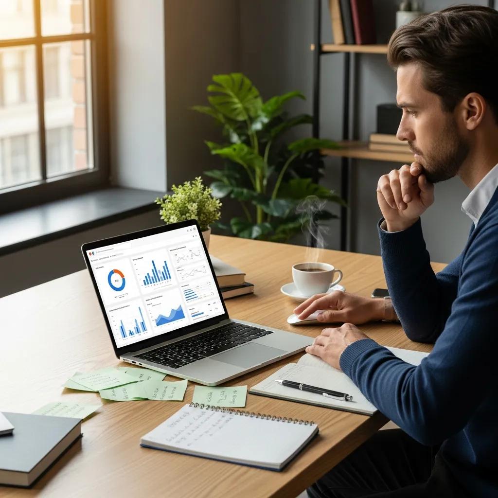 Modern workspace with a laptop showing AI content optimization tools and a person analyzing data