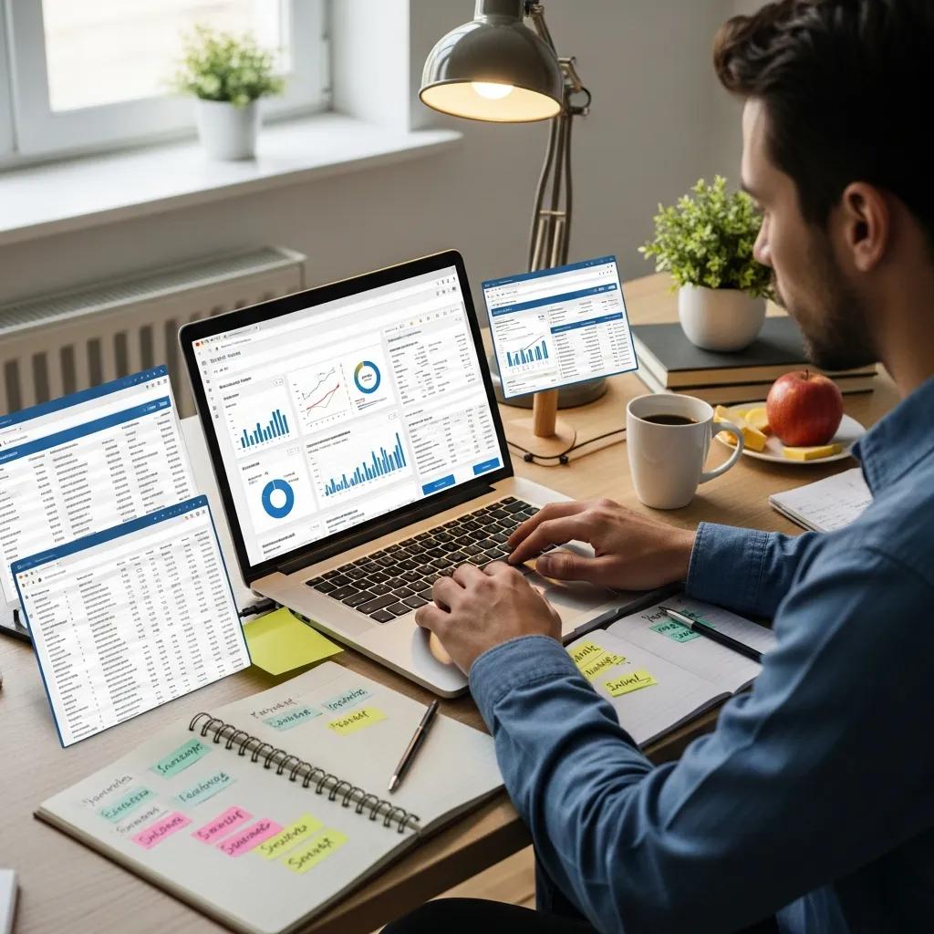 Person analyzing SEO data with keyword research tools on a laptop