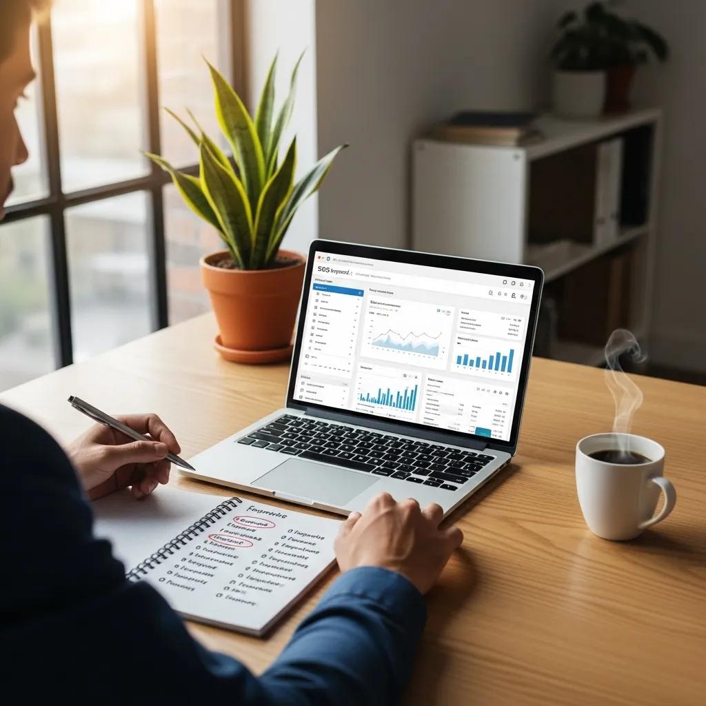 Person analyzing SEO keyword research tools in a modern workspace