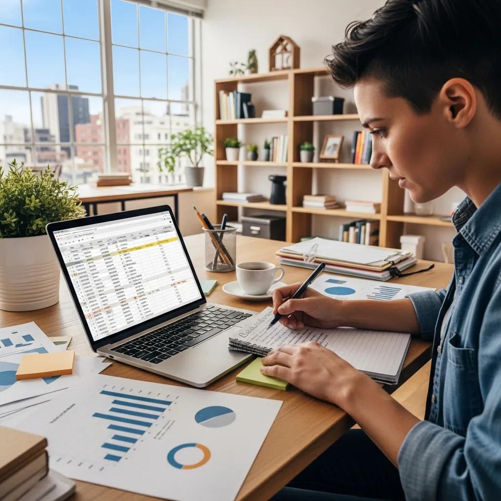 Person conducting a content audit with documents and charts in a bright office setting