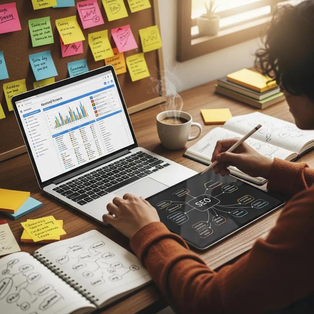 Person engaged in keyword research at a cozy workspace with a laptop and notes