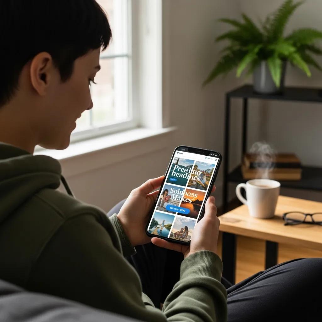 Person using a smartphone to browse a mobile-friendly website in a cozy environment