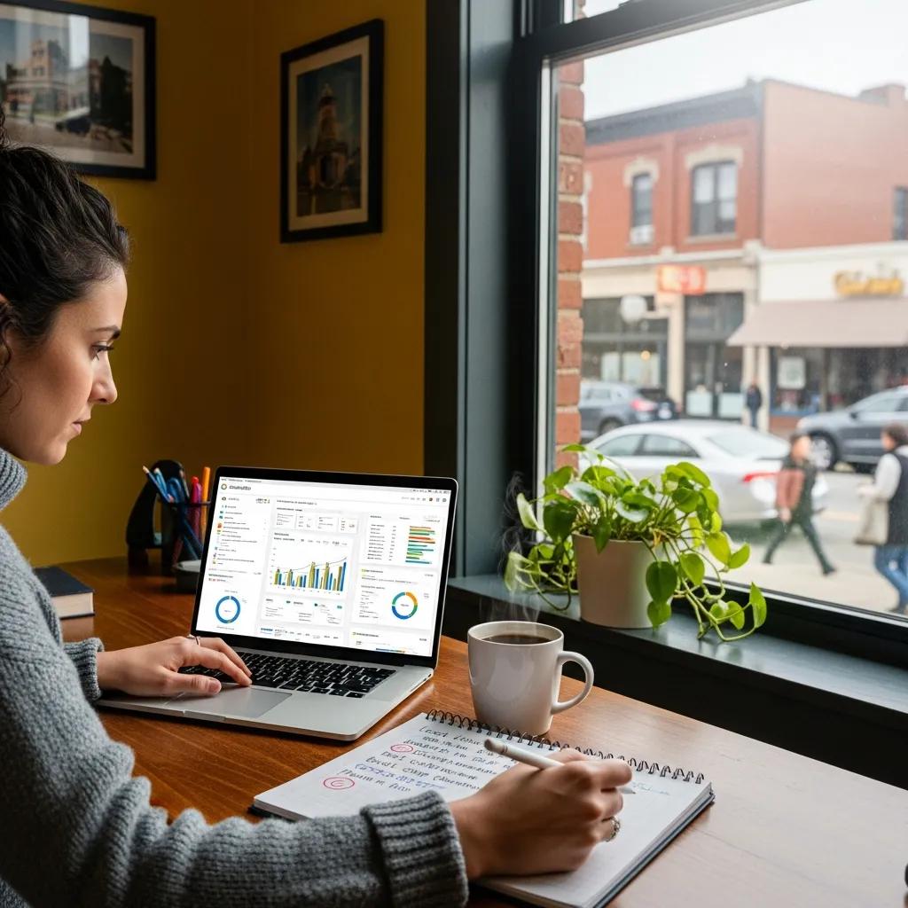 Small business owner analyzing local SEO data with keywords and a laptop in a cozy office