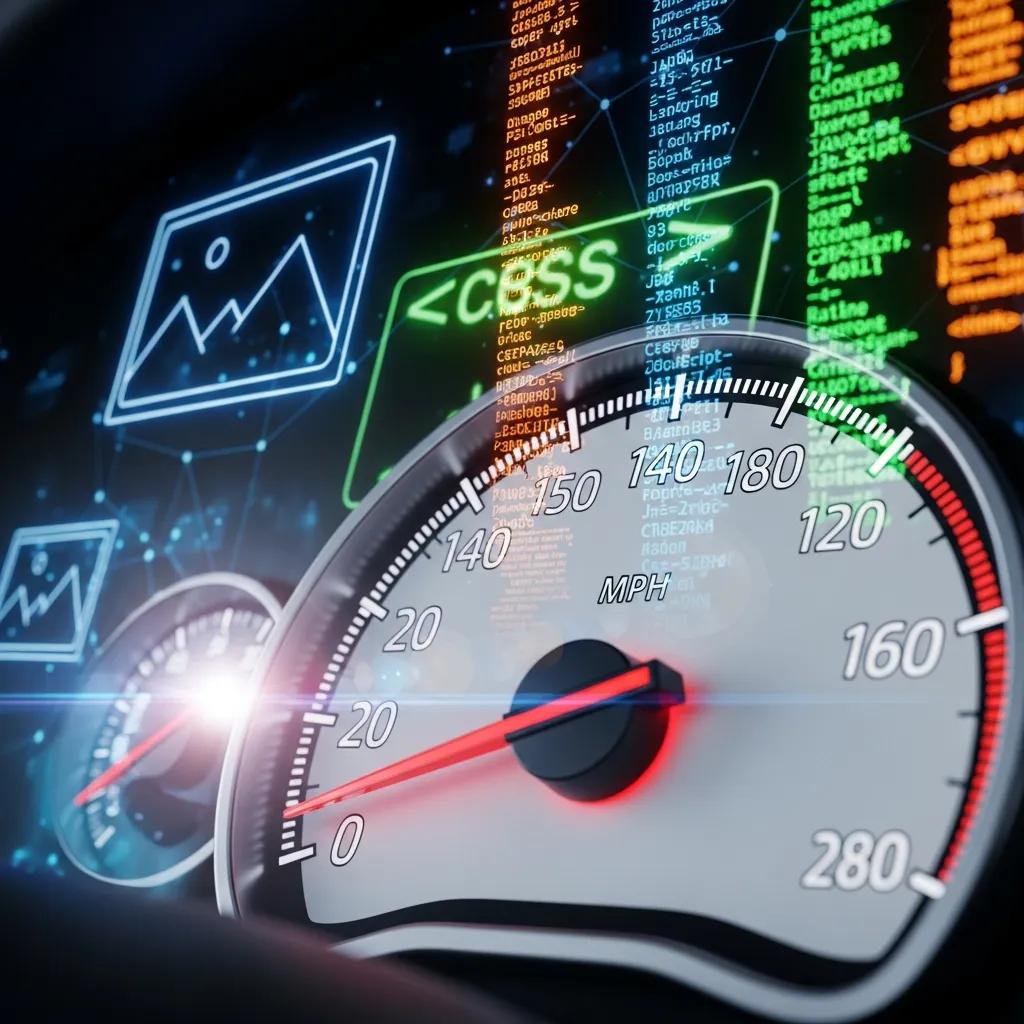 Speedometer illustrating fast page loading times with web elements in the background