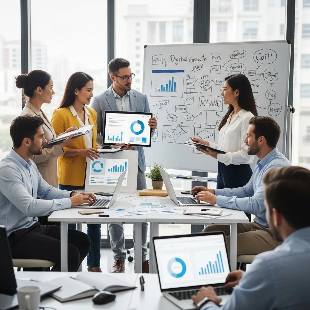 Team collaborating on AI-driven revenue growth strategy in a modern office