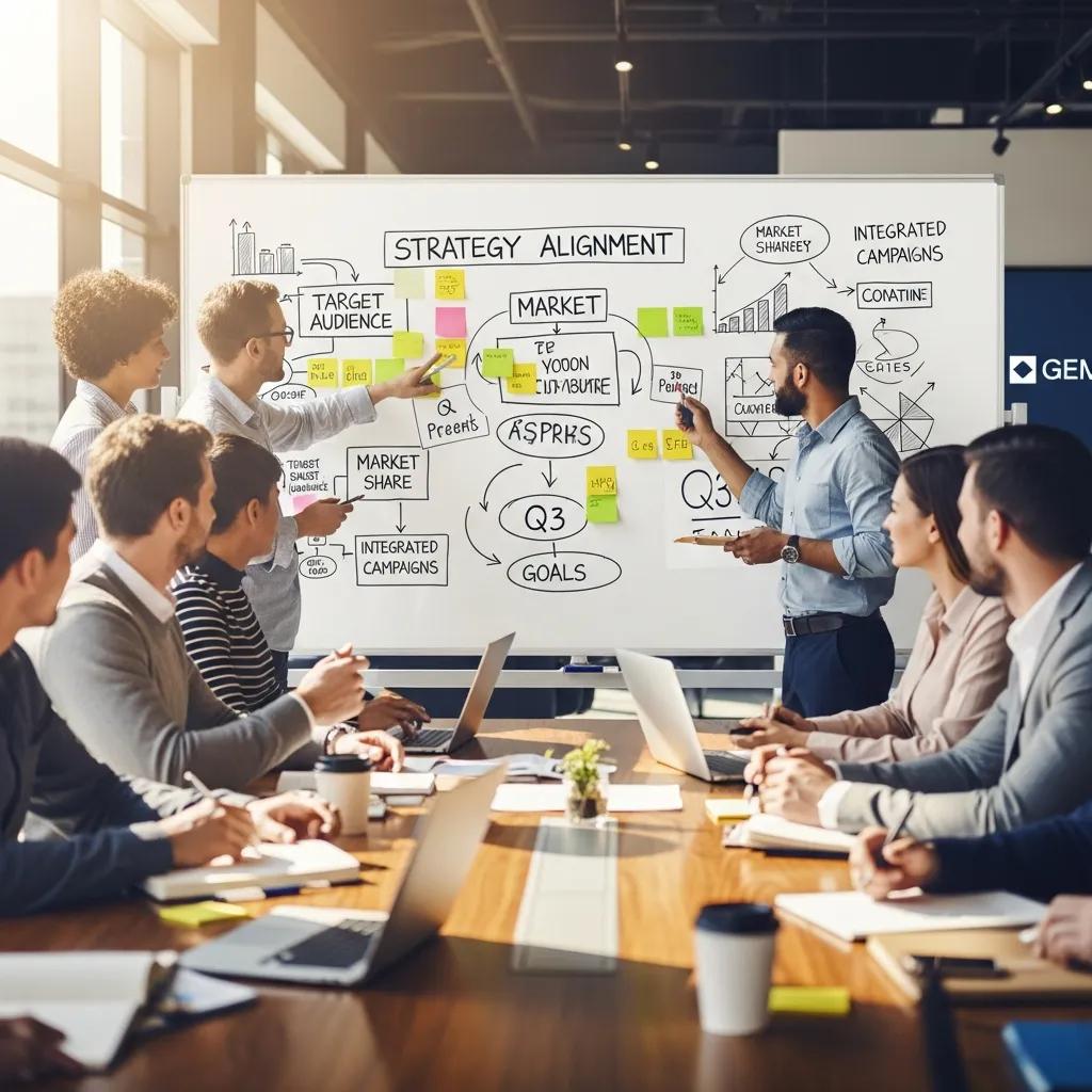 Team meeting in a conference room with sales and marketing professionals collaborating on strategies, showcasing alignment