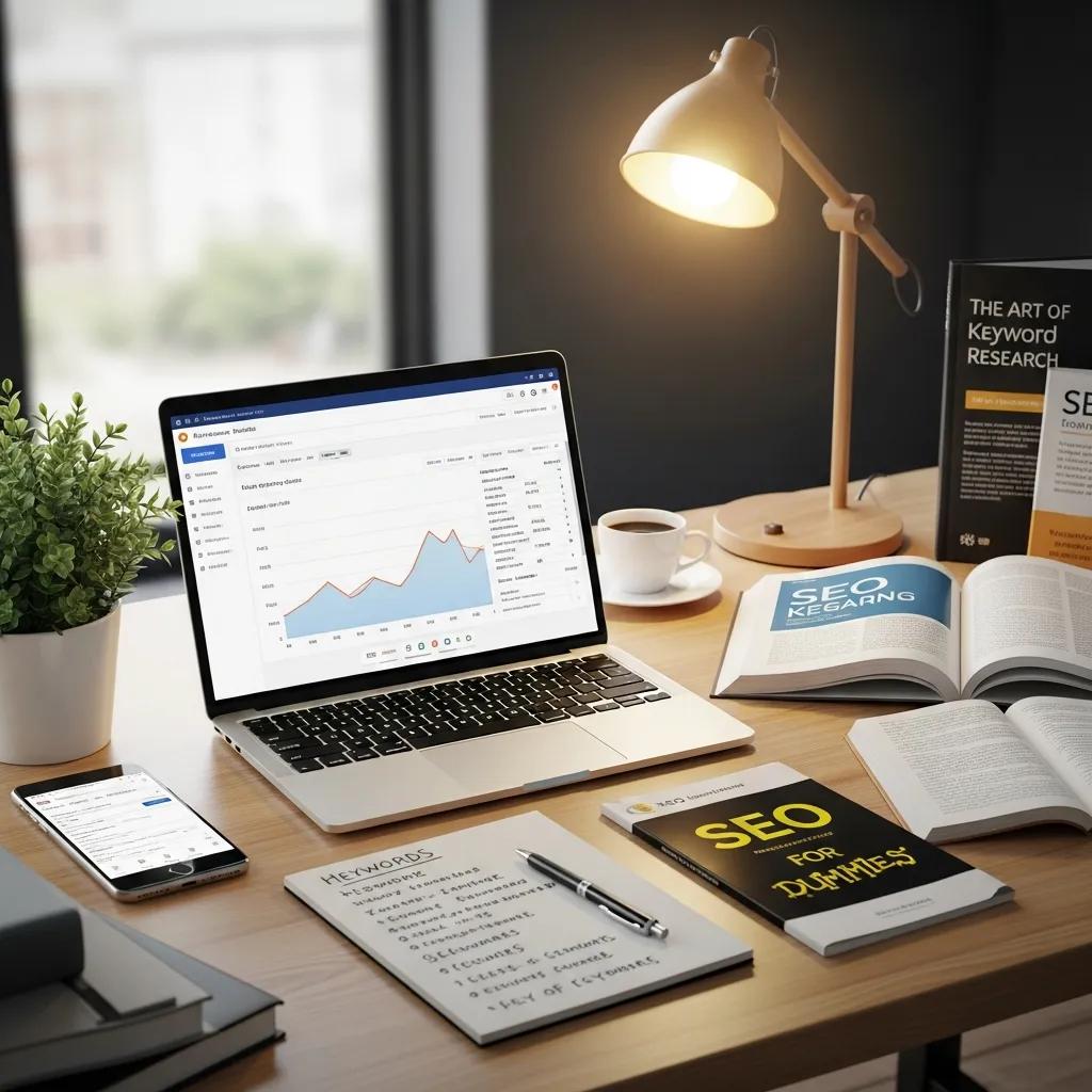 Various SEO keyword research tools displayed on a desk