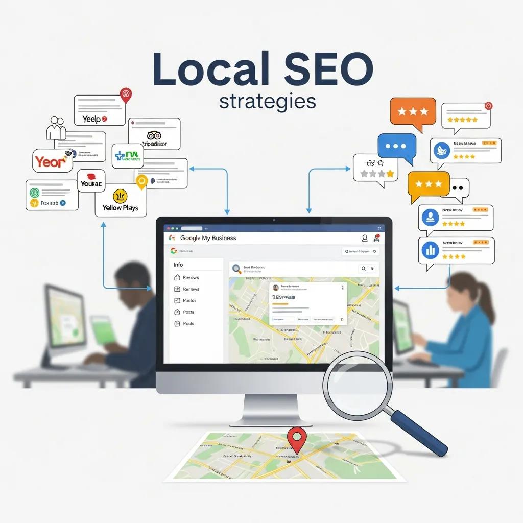 Visual representation of Local SEO strategies including Google My Business and customer reviews