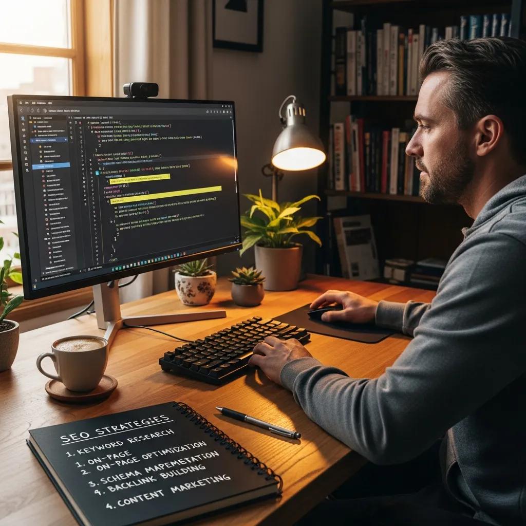 Web developer implementing schema markup with code snippets on a computer screen