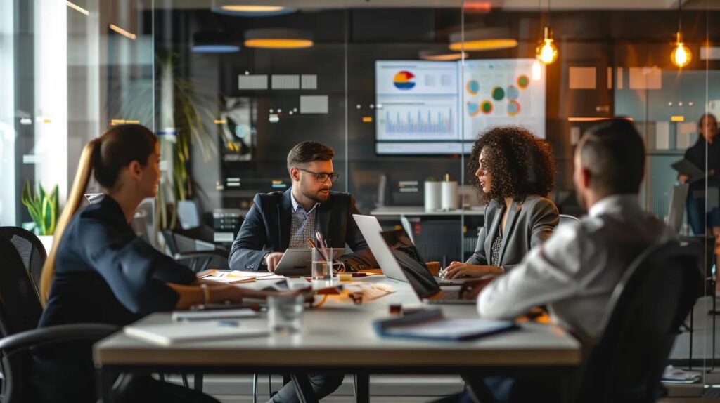 Corporate professionals collaborating on SEO strategies in a modern office setting