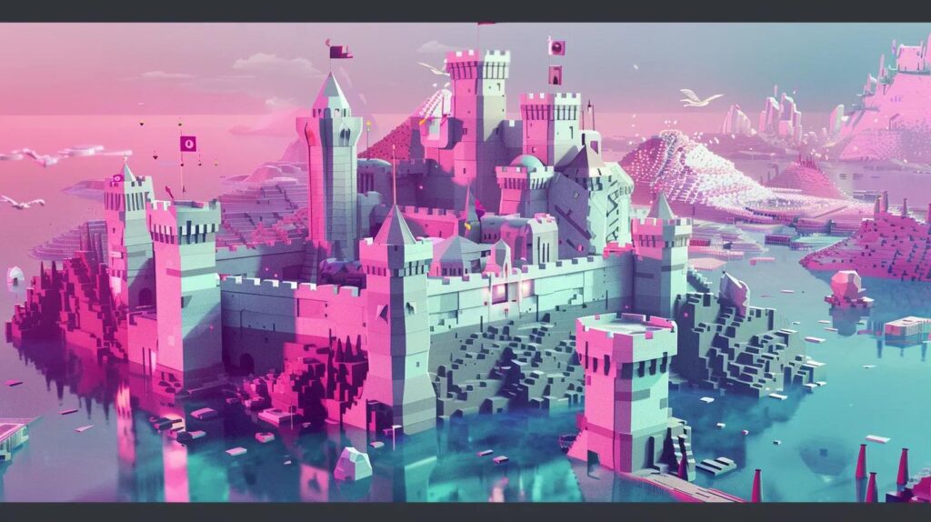Digital landscape with a fortified castle symbolizing market territory protection and search visibility