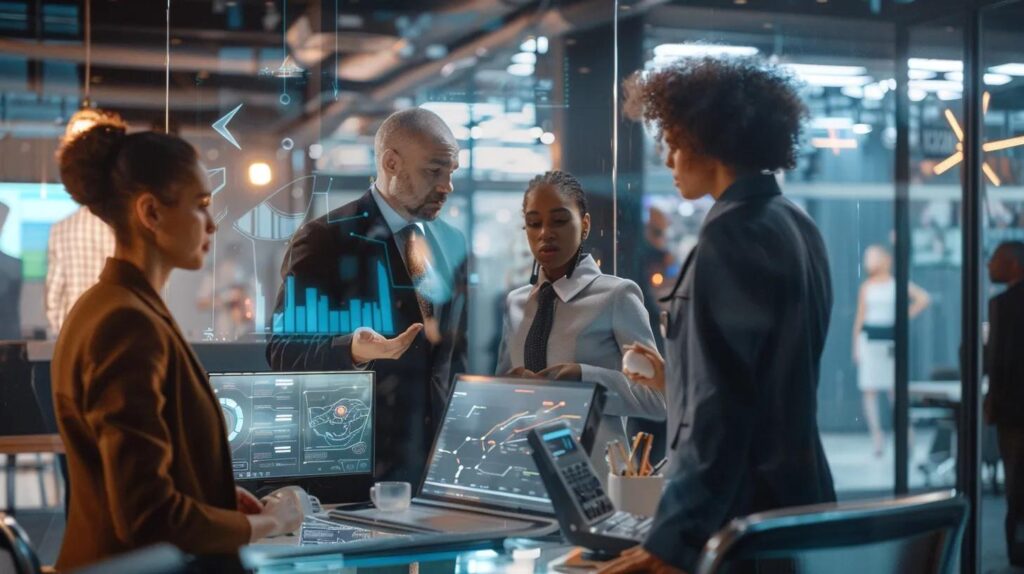 Modern office with professionals discussing AI phone systems for business communication