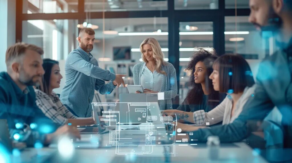 Canadian professionals collaborating on AI phone systems in a modern office setting