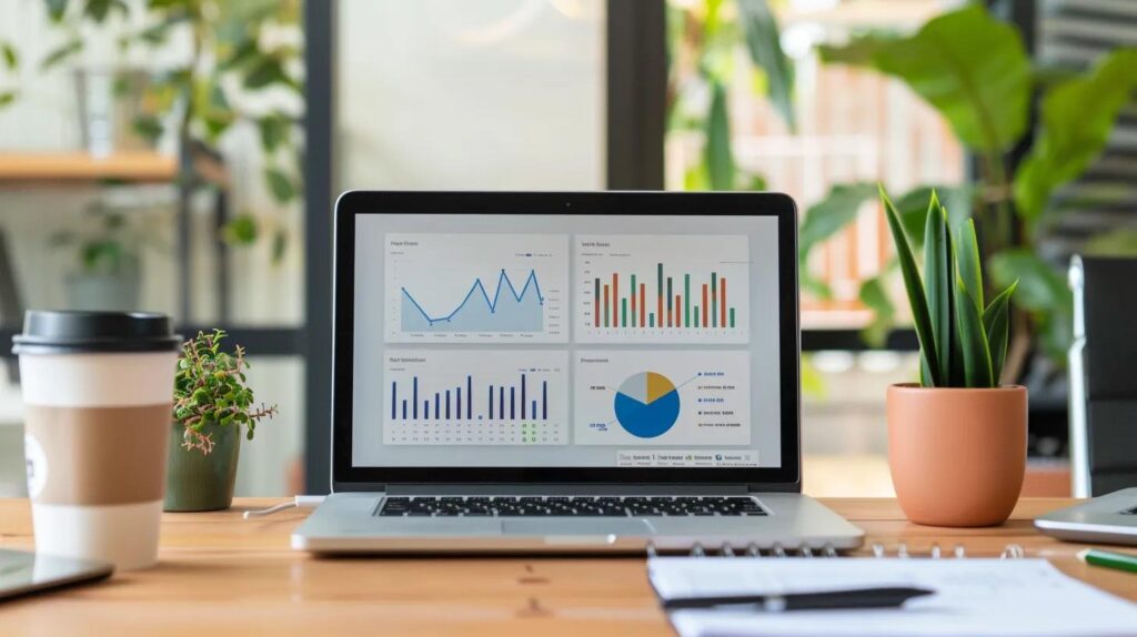 Modern workspace with SEO analytics on a laptop, symbolizing AI SEO services Canada