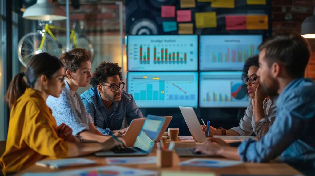 Engineers collaborating on social media strategies in a modern office