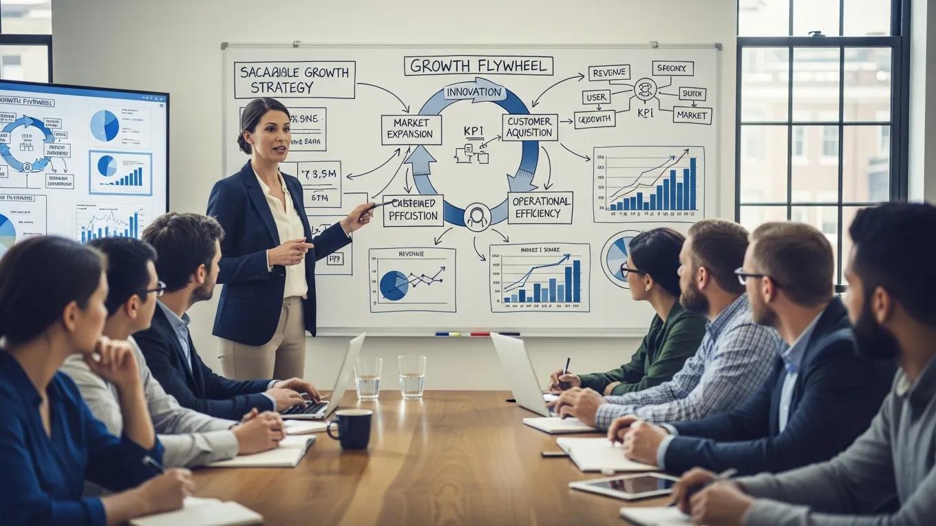 Business leader presenting scalable growth strategies to an engaged team