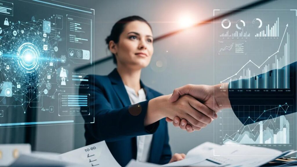 Business owner closing a deal with automated lead generation tools in the background