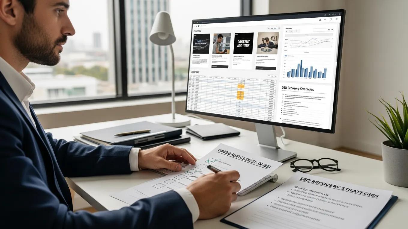Business professional conducting a content audit for SEO recovery strategies