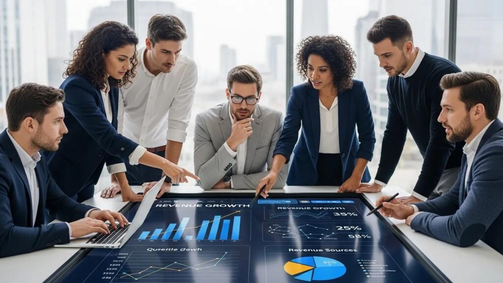 Business professionals collaborating on revenue growth strategies in a modern office