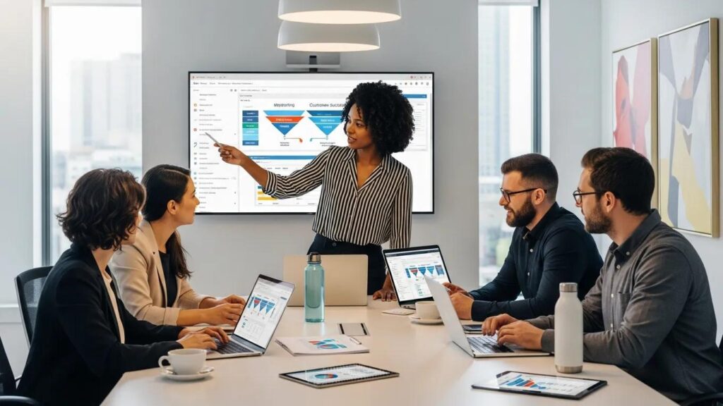 Business professionals collaborating on revenue operations strategies in a modern office