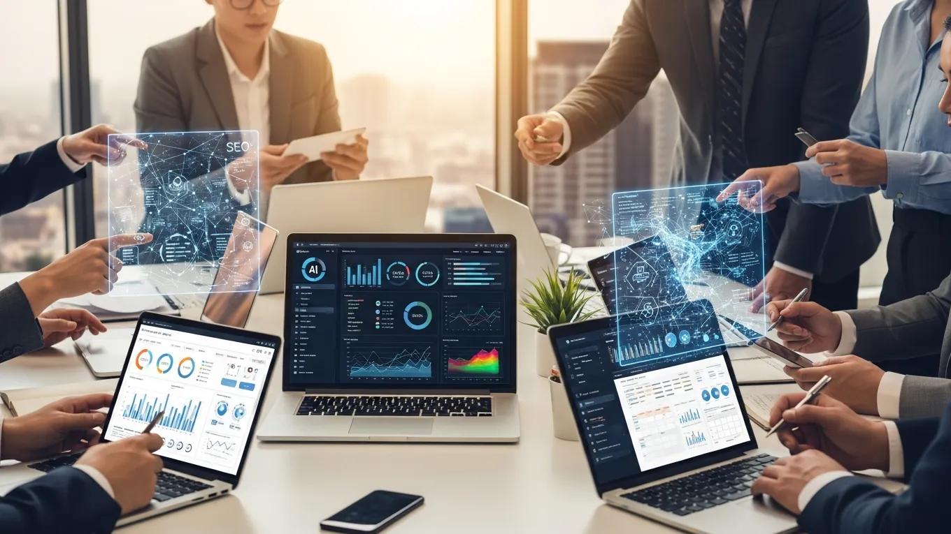 Business team collaborating on AI-driven marketing tools for SEO adaptation