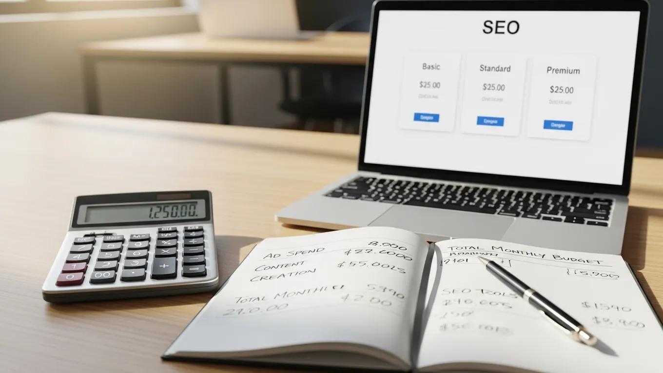 Calculator and notepad illustrating SEO service cost calculations