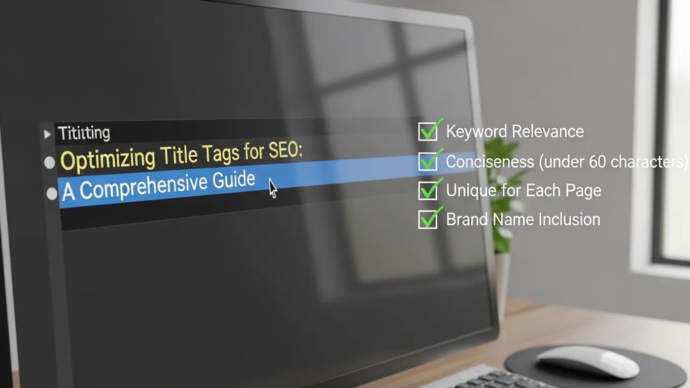 Close-up of a computer screen editing title tags with a checklist, highlighting best practices for SEO optimization