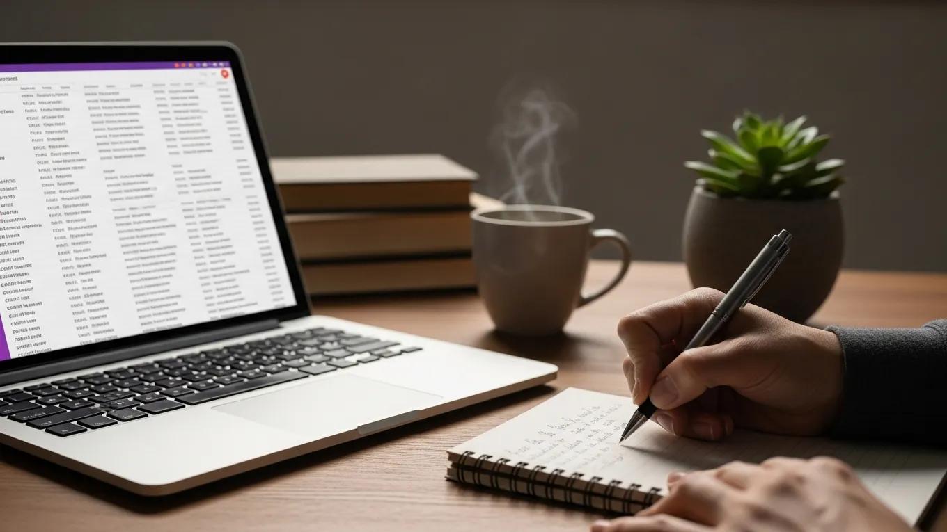 Close-up of a person writing with a laptop showing long-tail keyword suggestions
