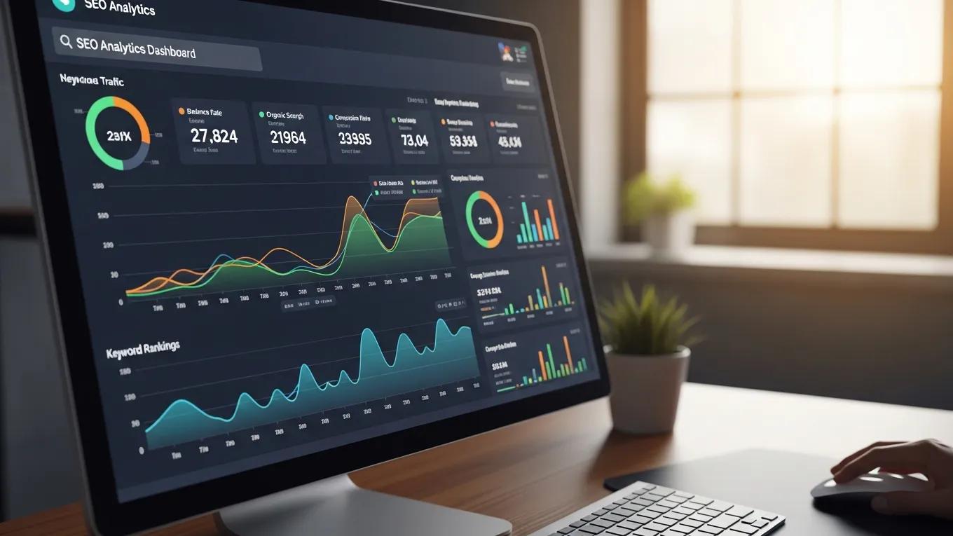 Close-up of SEO analytics dashboard with colorful graphs and metrics