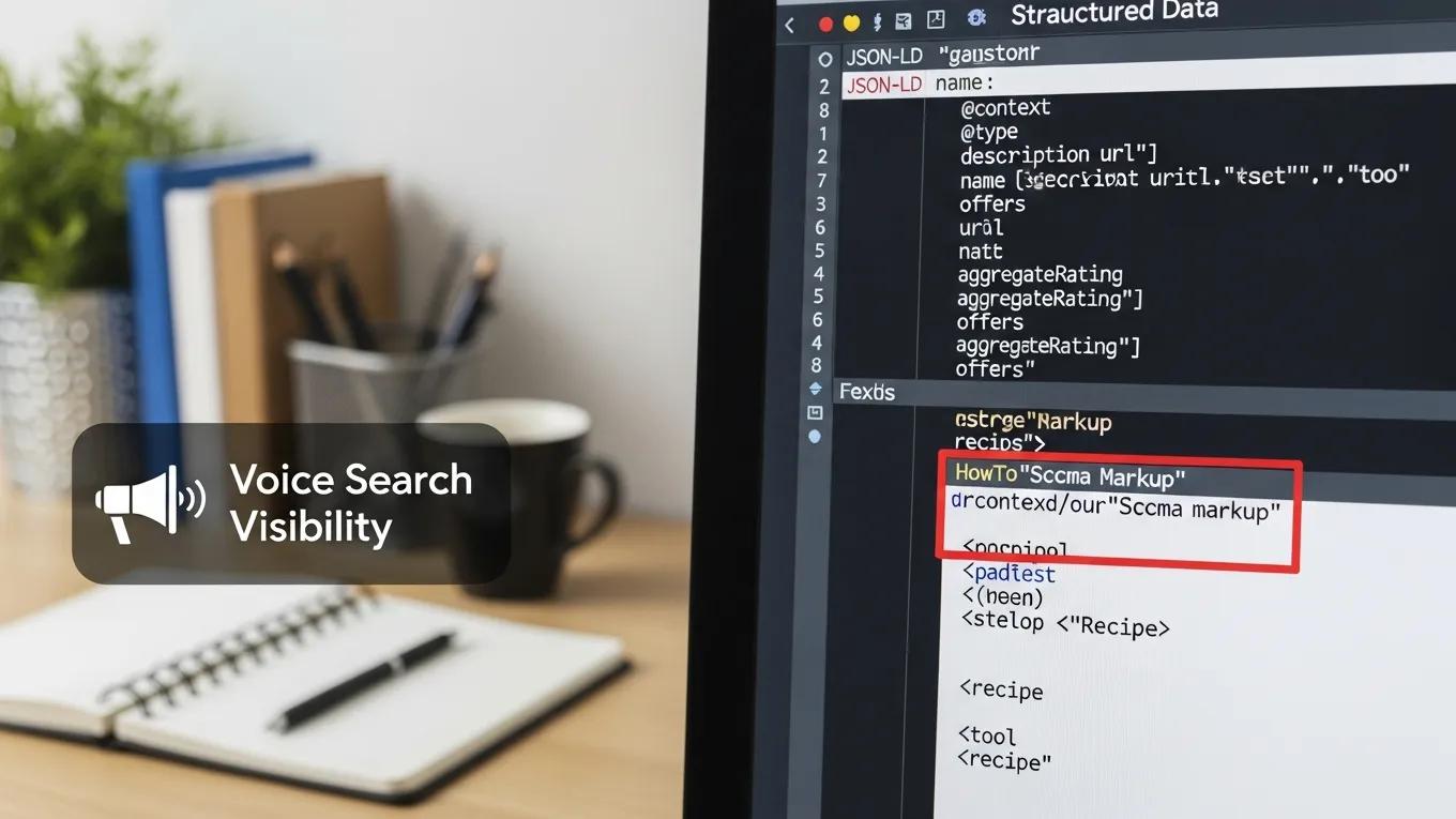 Close-up of structured data and schema markup code on a computer screen in a workspace