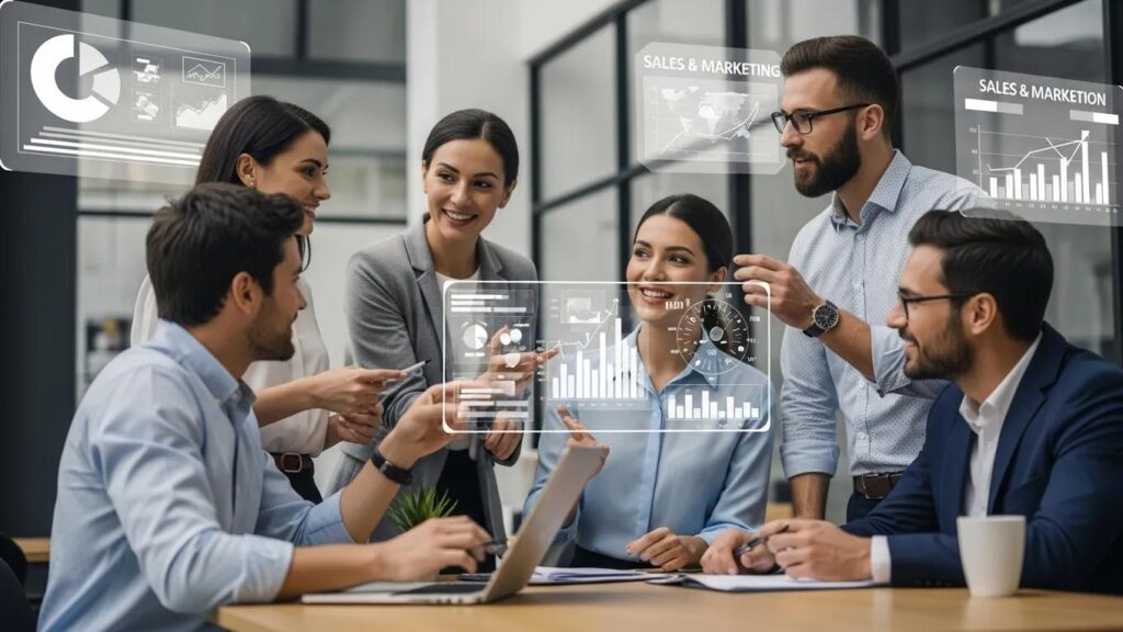 Collaboration between sales and marketing teams in a modern office setting, emphasizing Revenue Operations