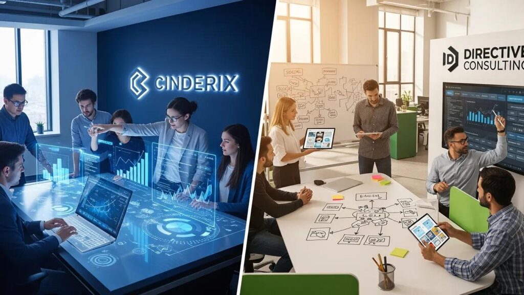 Comparison of digital marketing strategies between Cinderix and Directive Consulting in a modern office setting