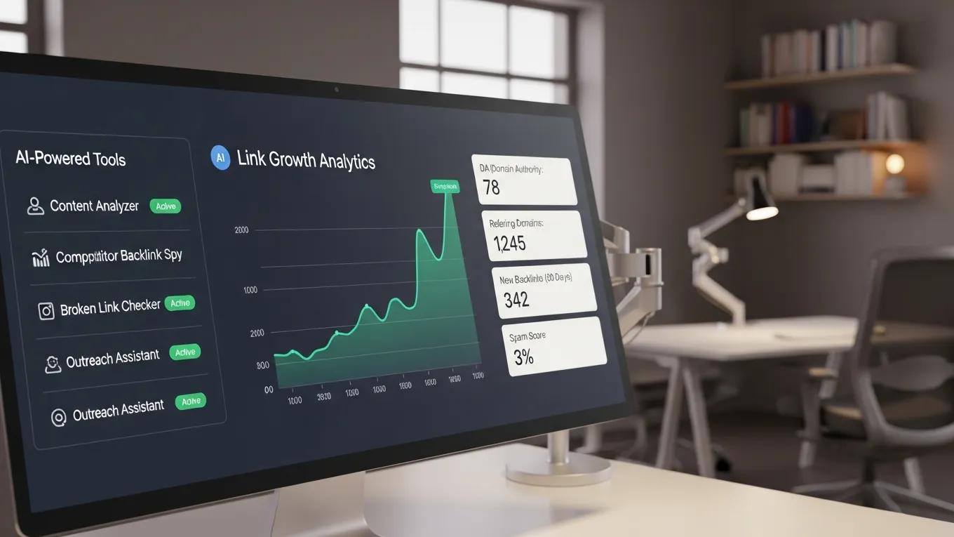 Computer screen showing AI link building tools and metrics for quality backlink acquisition