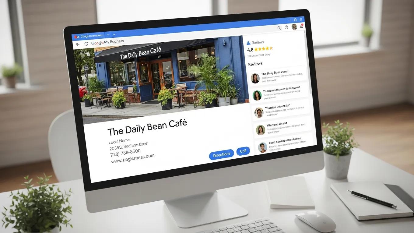Small business owner utilizing AI marketing tools on a laptop, representing the impact of AI on local SEO