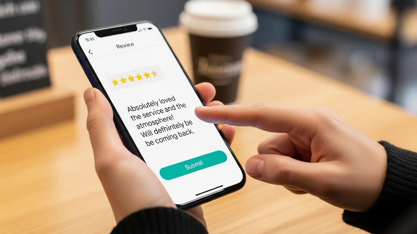 Customer leaving a positive review on a mobile device, emphasizing the importance of feedback for local SEO