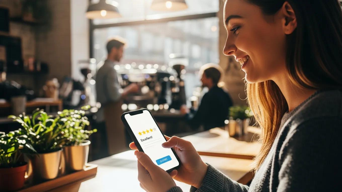 Customer leaving a positive review on a smartphone in a café