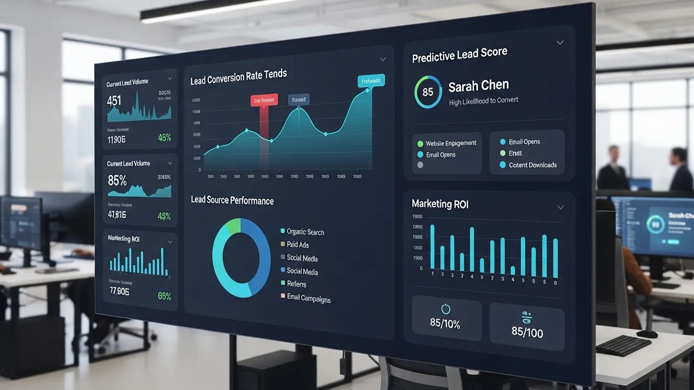 Digital dashboard displaying predictive lead scoring metrics and conversion rates