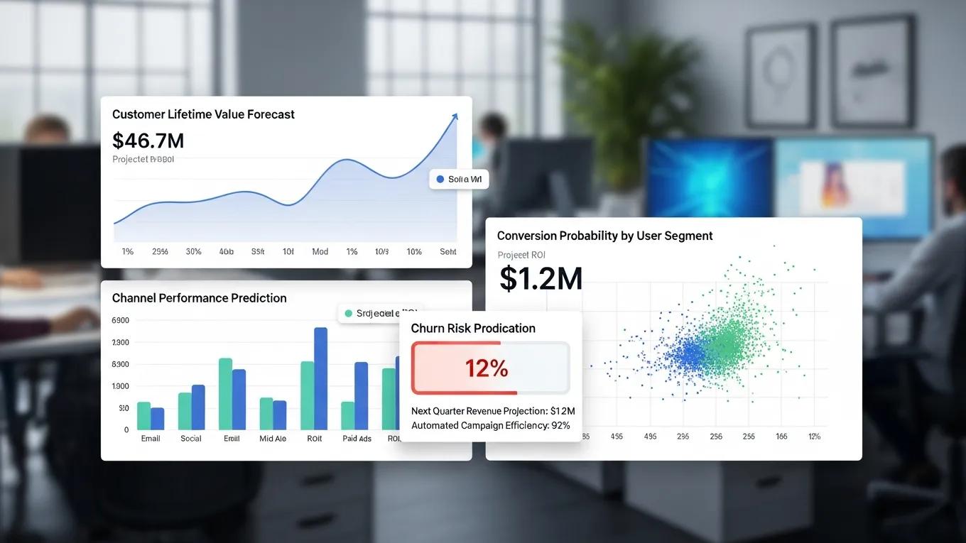 Digital dashboard showcasing predictive analytics metrics for marketing automation