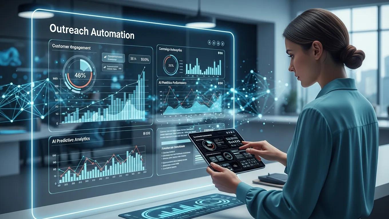 Digital interface displaying AI technology for outreach automation in a modern workspace