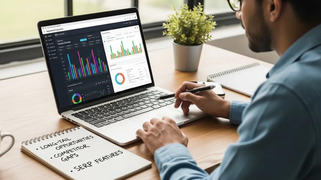 Digital marketing professional analyzing competitive keyword data on a laptop in a modern workspace